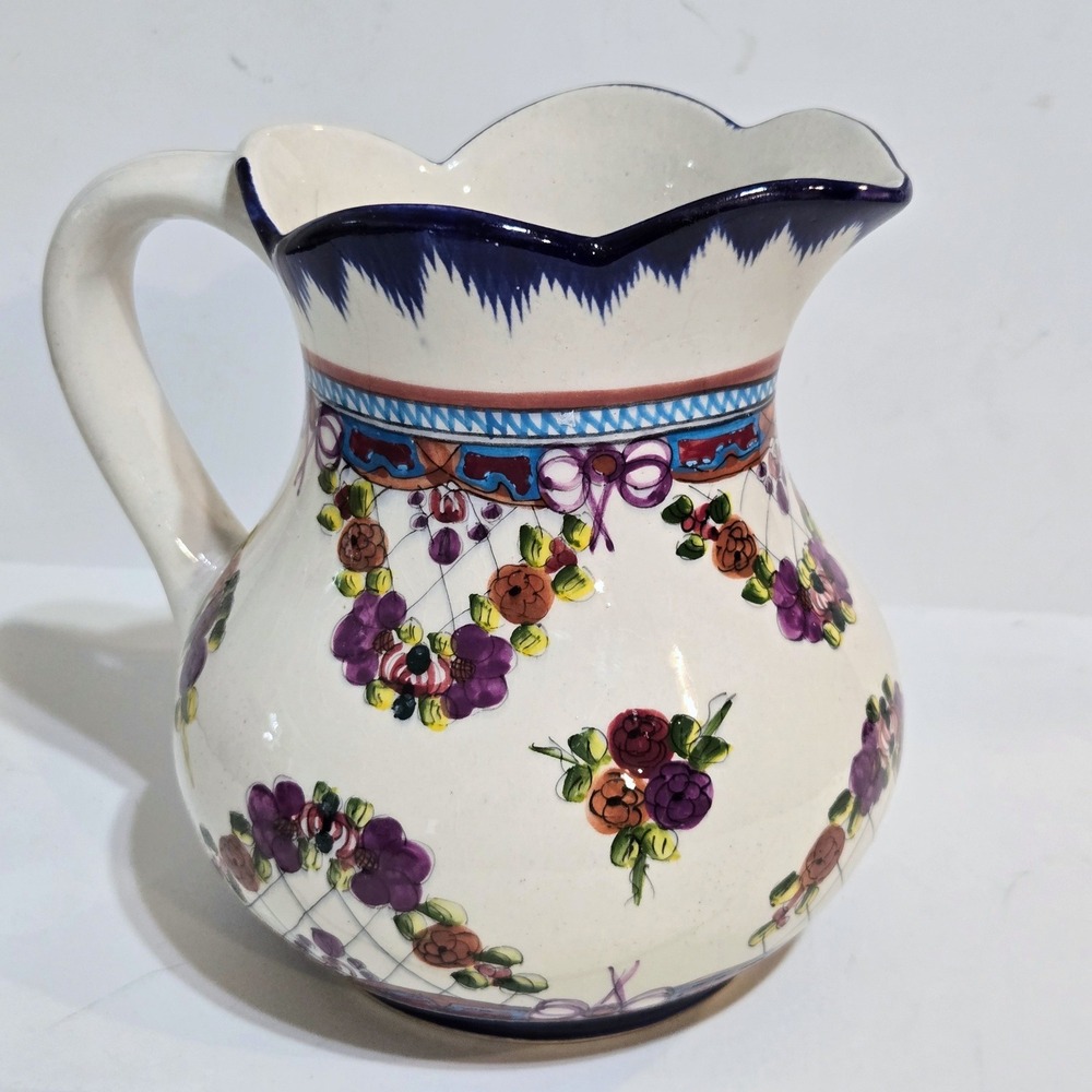 Hand Painted Mexican Floral Pitcher Ceramic Vase Floral Cottagecore Farmhouse 7"